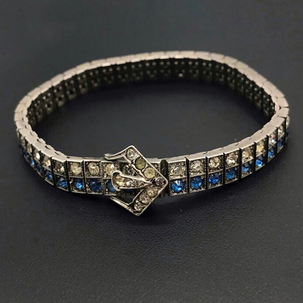 Art Deco Antique Sterling Silver Diamonbar Blue 2 Row Rhinestone Buckle Bracelet